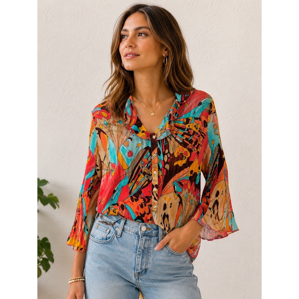 Nicola Women Butterfly‎ Print Plisse Pleated Blouse Pink Blue Y2K Bell Sleeve L - Picture 12 of 12